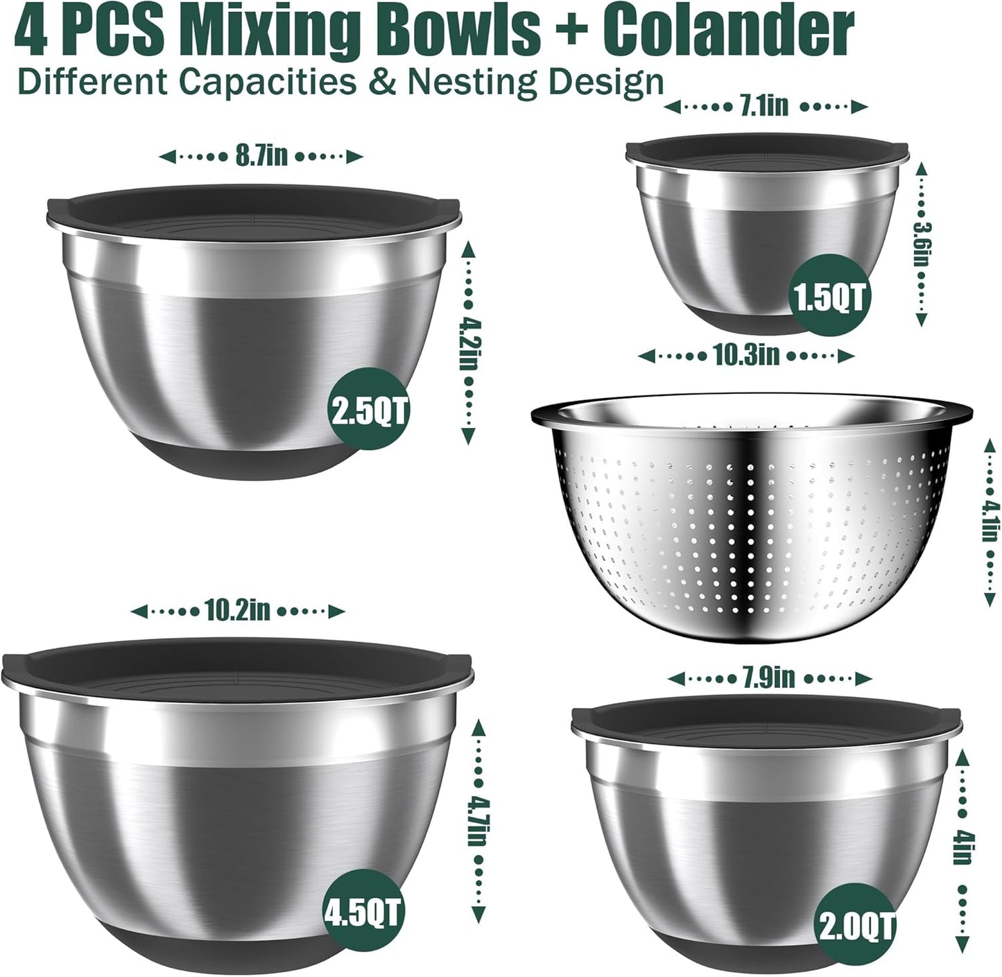 Mixing Bowls with Airtight Lids Set, 4 Stainless Steel Bowls Nesting Bowls & Colander, Kitchen Organizers and Storage Non-Slip Bottom, Size 1.5/2.0/2.5/4.5QT, Great for Mixing & Serving, Khaki