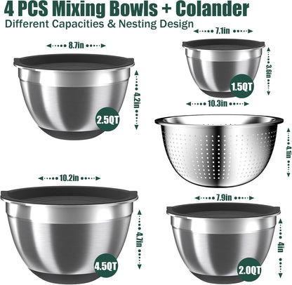 Mixing Bowls with Airtight Lids Set, 4 Stainless Steel Bowls Nesting Bowls & Colander, Kitchen Organizers and Storage Non-Slip Bottom, Size 1.5/2.0/2.5/4.5QT, Great for Mixing & Serving, Khaki