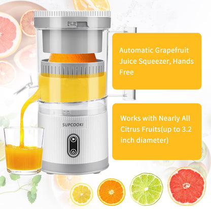 Electric Citrus Juicer, Rechargeable Juicer Machine with USB Cable and Cleaning Brush, Touch Button, Automatic Orange Lime Lemon Grapefruit Squeezer, Easy to Clean Portable Juicer, White