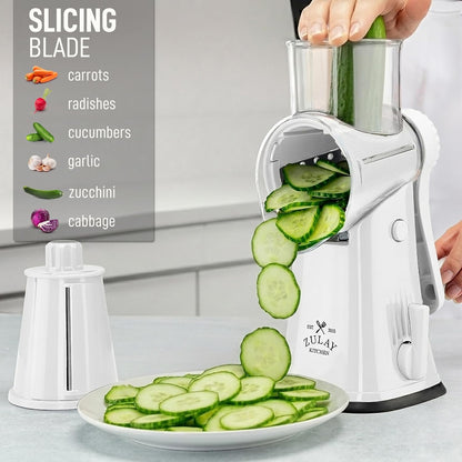 Zulay Kitchen Rotary Cheese Grater 5 Blade Cheese Shredder - Manual Hand Crank Cheese Grater With Reinforced Suction & 5 Interchangeable Drums - Easy to Use, Vegetable Chopper Round Mandoline Slicer - Colors B
