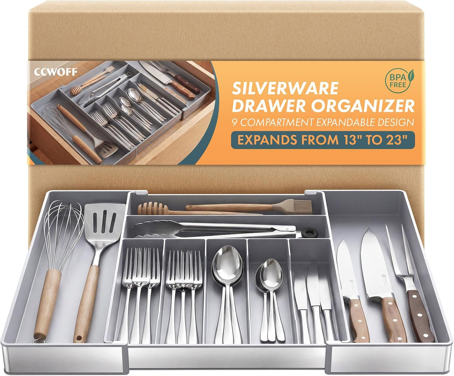 Extra Large Silverware Organizer, 9 Slot Expandable Kitchen Drawer Organizer, Utensil Holder, Heavy Duty Stainless Steel Frame Silverware Drawer Organizer, 8 Non-Slip Feet Included, BPA Free, Black