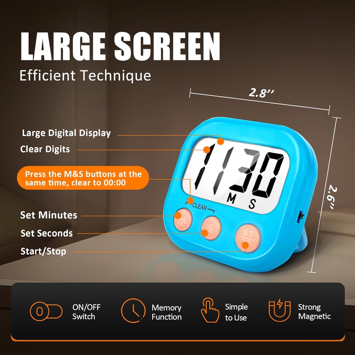 2 Pack Digital Kitchen Timer for Cooking Big Digits Loud Alarm Magnetic Backing Stand Cooking Timers for Baking White