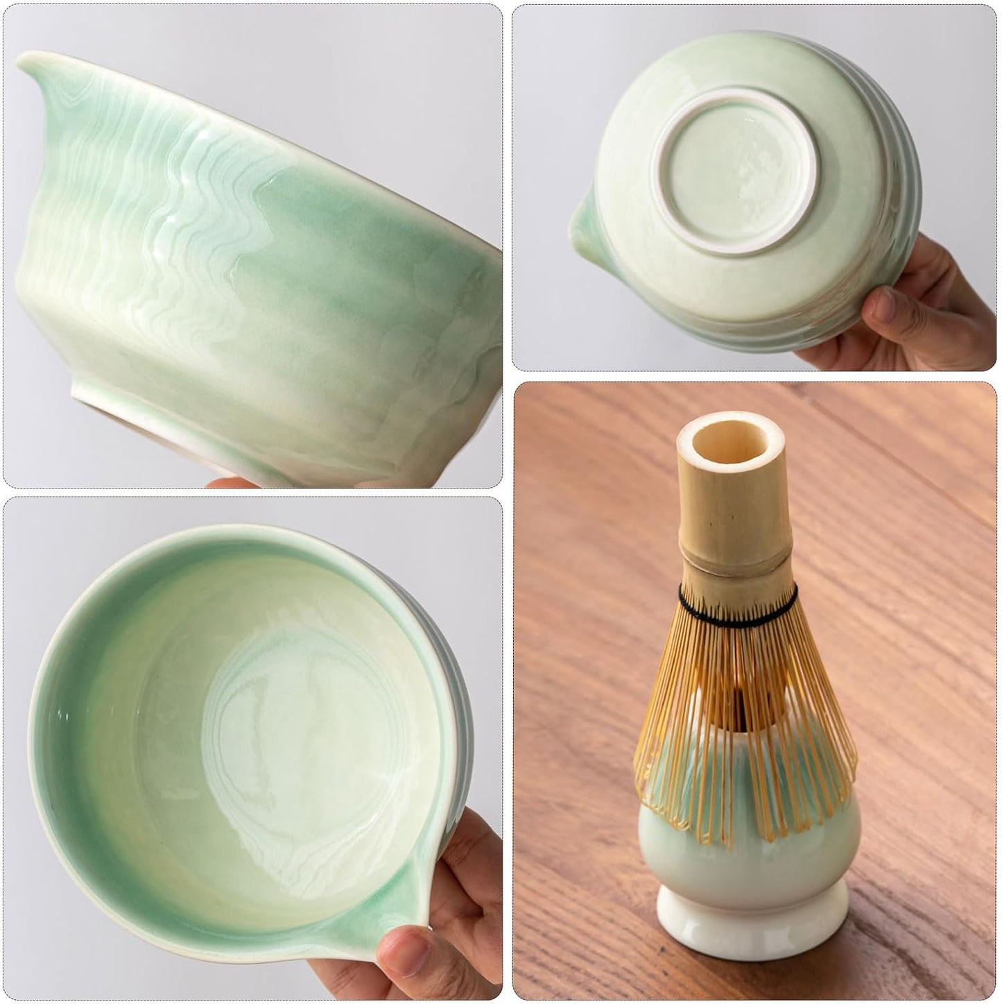 Buucup Matcha Set, Matcha Bowl with Spout, Matcha Whisk and Holder, Bamboo matcha Scoop and Stainless Sifter - 5 Pcs Jade Green Matcha Set Kit for Matcha Lover