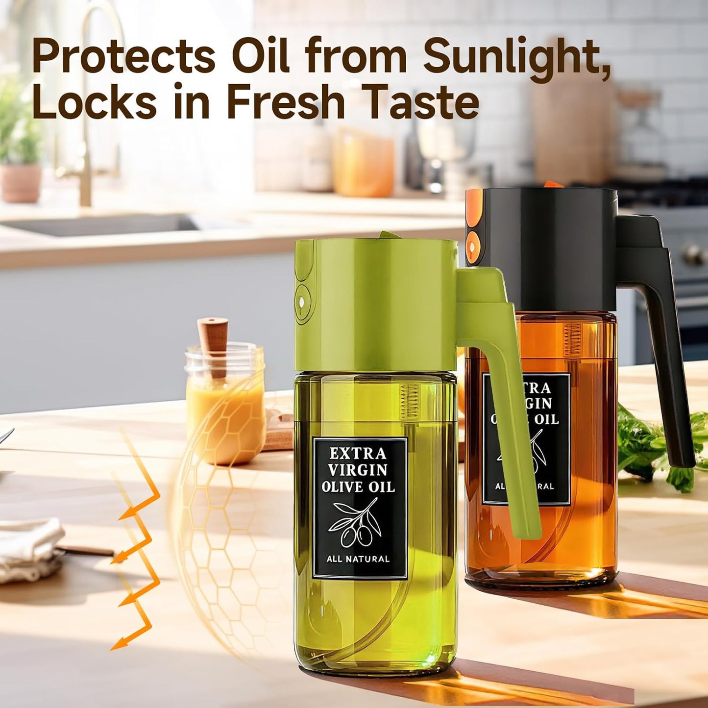 500ml Green Olive Oil Sprayer, Dark-Tinted Glass Spray Bottle for Salad, Air Fryer Vegetables, Controlled Oil Use, Refillable 2-in-1 Dispenser