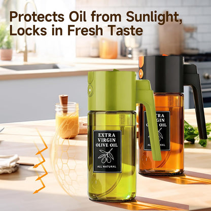 500ml Green Olive Oil Sprayer, Dark-Tinted Glass Spray Bottle for Salad, Air Fryer Vegetables, Controlled Oil Use, Refillable 2-in-1 Dispenser