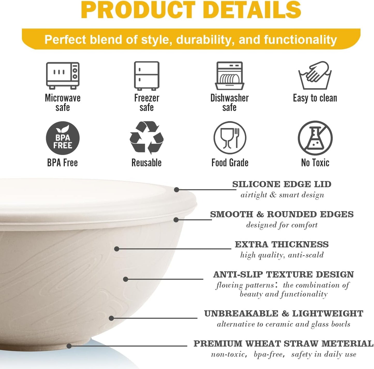 Wheat Straw Bowls Set with Lids, Unbreakable 40 OZ Cereal Bowls Set of 4, Salad Container for Lunch, Microwave & Dishwasher Safe Bowl Set for Kitchen, Picnic, RV, Camping, Multi