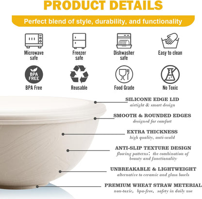 Wheat Straw Bowls Set with Lids, Unbreakable 40 OZ Cereal Bowls Set of 4, Salad Container for Lunch, Microwave & Dishwasher Safe Bowl Set for Kitchen, Picnic, RV, Camping, Multi