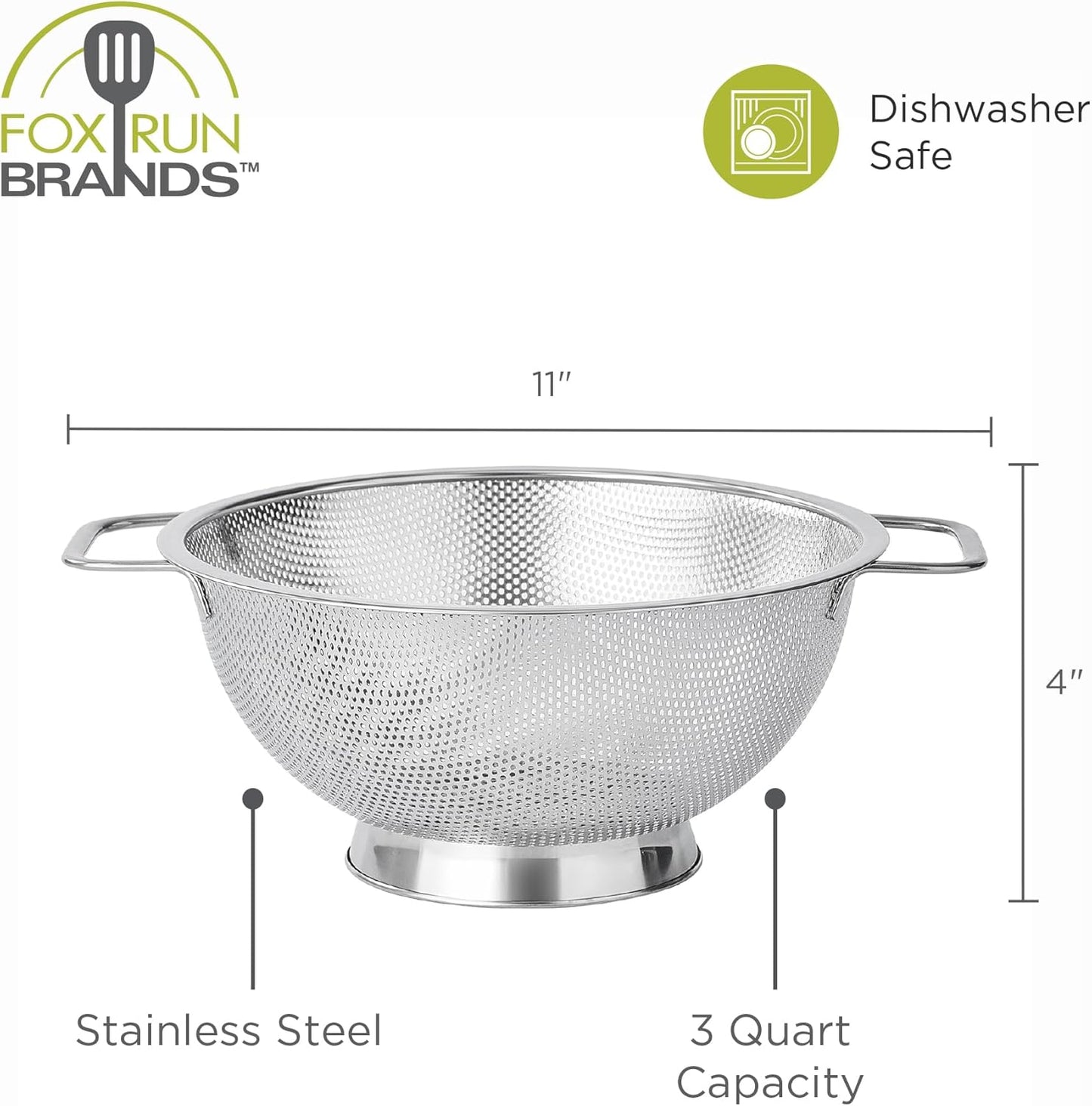 Fox Run Large Stainless Steel Colander, 5 Quart Pasta Strainer With Handles, 11” x 13.5” x 5”