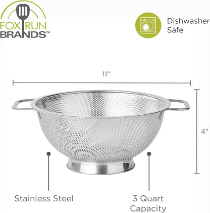Fox Run Large Stainless Steel Colander, 5 Quart Pasta Strainer With Handles, 11” x 13.5” x 5”