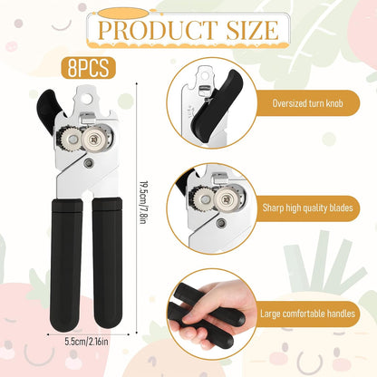 8 Pcs Manual Can Opener with Soft Handle Sharp Blade Smooth Edge Multifunctional Kitchen Gadget Handheld Openers Oversized Handheld Knob Can and Bottle Animals, Black