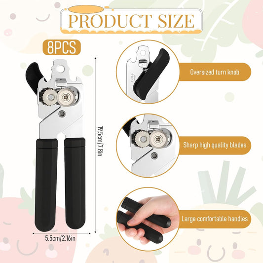 8 Pcs Manual Can Opener with Soft Handle Sharp Blade Smooth Edge Multifunctional Kitchen Gadget Handheld Openers Oversized Handheld Knob Can and Bottle Animals, Black