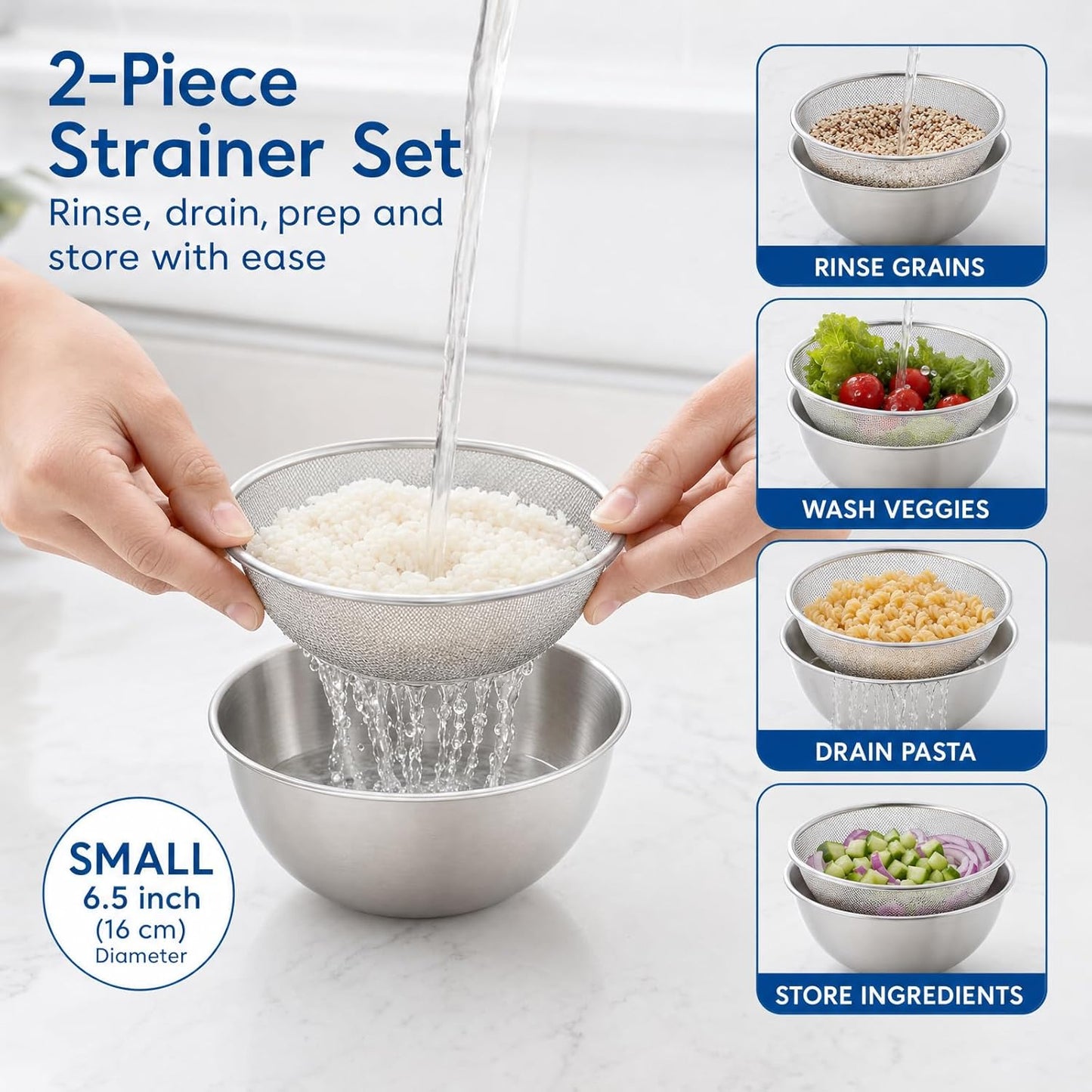 3.5QT Stainless Steel strainer bowl Set, Rice Washing Bowl with SUS304 Food Grade Metal Mixing Bowl with Measurement Marks, Large Fruit Washing Bowl for Rice, Quinoa, Pasta, Vegetables,2 Pack