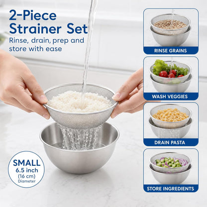 3.5QT Stainless Steel strainer bowl Set, Rice Washing Bowl with SUS304 Food Grade Metal Mixing Bowl with Measurement Marks, Large Fruit Washing Bowl for Rice, Quinoa, Pasta, Vegetables,2 Pack