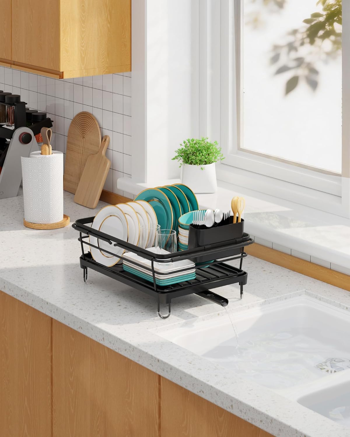 Sakugi Dish Drying Rack in Sink - Expandable Stainless Steel Dish Rack Over the Sink, Kitchen Sink Drain Strainer with Cutlery Holder & Cup Holders, 15.4 x 9.8 x 3.0 Inch, Silver