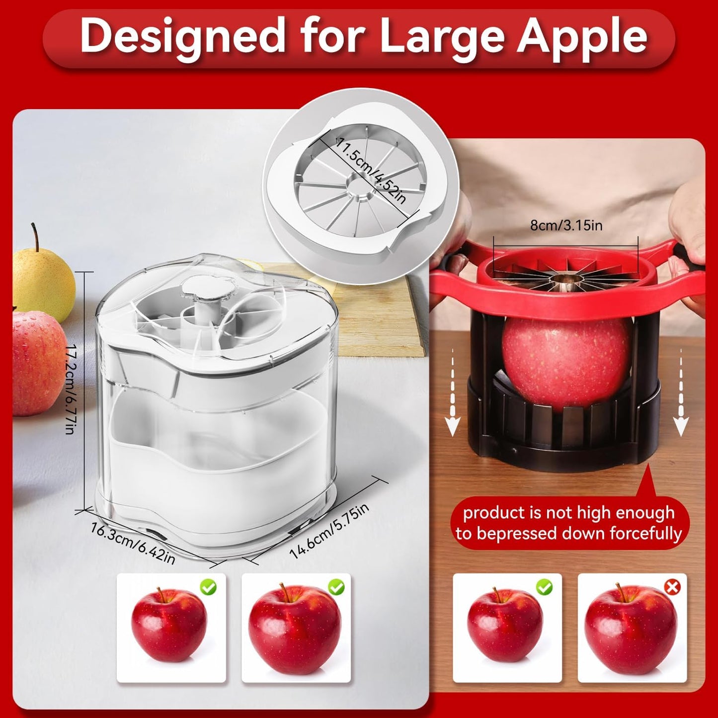 NEW Professional Apple Slicer and Corer 6.42in- Stainless Steel Apple Cutter with 12 Slices, Heavy Duty Design for Large Apples, Thin Slices, Compatible with Pears and Other Fruits（White）
