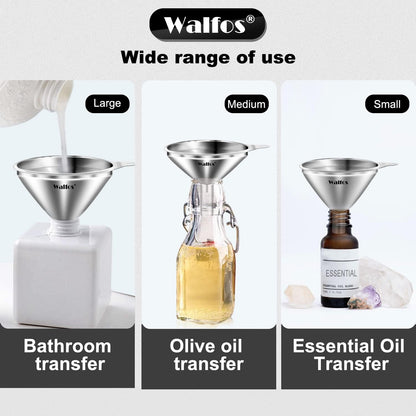 Stainless Steel Funnel, Walfos 3 Pack Kitchen Funnel with 2 Removable Strainer ＆ 1Pcs Cleaning Brush, Perfect for Transferring of Liquid, Oils, Jam, Dry Ingredients & Powder