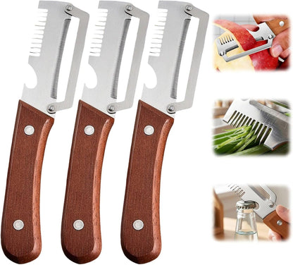 2 Pieces Multi-functional Kitchen Peeler, 2026 Upgraded Multifunctional Vegetable Peeler, 3 in 1 Stainless Steel Wooden Handle Peeler with Bottle Opener and Shredding, Kitchen Tool for Fruit, Veggie