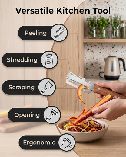 2 Pack Multi-Functional Stainless Steel Thickened Fruit Peeler Knife for Kitchen, Ultra-Sharp Blade with Wooden Handle and Bottle Opener, for Fruit Veggie that Need to Be Peeled