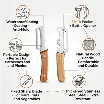 Multifunctional Vegetable Peeler With Wooden Handle, 3 In 1 Stainless Steel Sharp Knife For Fruit And Hard Skinned Produce, Kitchen Tool With Bottle Opener (2pcs)