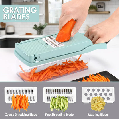 Ourokhome Vegetable Chopper Onion Cutter, 14 in 1 Professional Mandolin Slicer for Kitchen, Multifunctional Food Chopper for Potato, Tomato, Veggie with Strainer Basket, 10 Blades, Gray