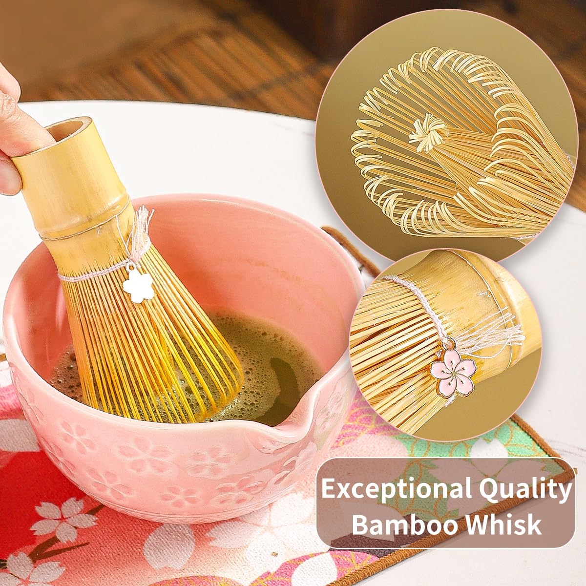 8-Piece Matcha Ceremony Set - Tea Kit with Cherry Blossom Bowl, Bamboo Whisk, Wood Scoops, Tea Cloth & Floral Display - Gift-Ready Pink Cherry color box (blue)