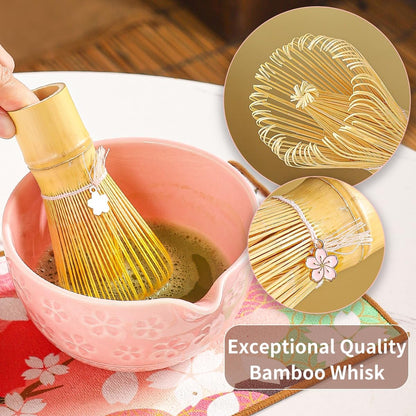 8-Piece Matcha Ceremony Set - Tea Kit with Cherry Blossom Bowl, Bamboo Whisk, Wood Scoops, Tea Cloth & Floral Display - Gift-Ready Pink Cherry color box (blue)