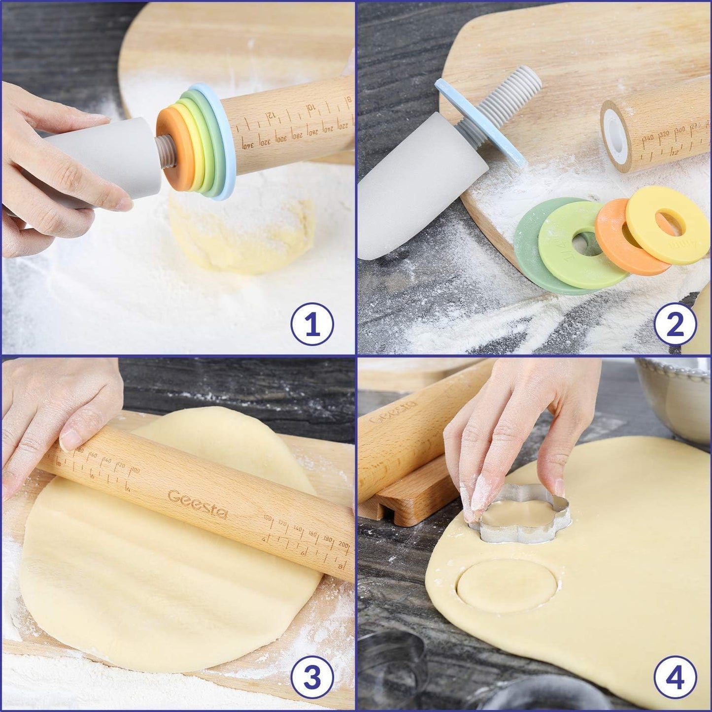 Geesta Adjustable Wood Rolling Pin with 5 Thickness Rings, Precise Dough Roller Handle Press Design with Measurement Guide for Fondant, Pizza, Pie Crust, Cookie, Pastry Baking Decorating Accessories