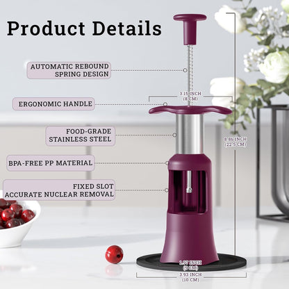 2 in 1 Cherry Pitter Remover Tool, Premium Quick Release Cherry Pitter, Press & Push Type, Large 33mm Cherry Seed Remover, Durable, Food Grade Stainless Steel & PP Plastic