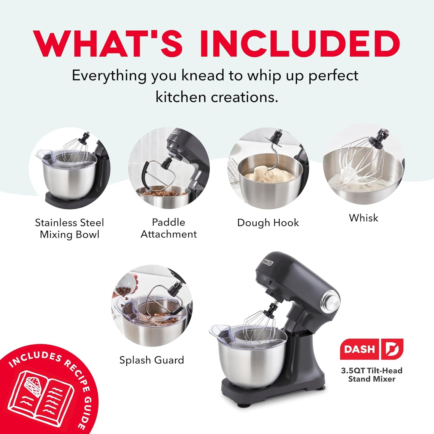 Dash 3.5QT Tilt-Head Stand Mixer - Electric Stand Mixer with Stainless Steel Bowl and Splash Guard For Baking - Cream, 3.5-Quart