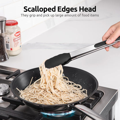 600ºF Heat Resistant Kitchen Tongs: U-Taste 9 inch Silicone Cooking Tong with Firm Sealed Non Stick Rubber Tips & Silicon Coated 18/8 Stainless Steel Handle & Smooth Locking for Serving Salad (Black)