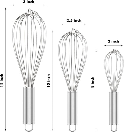 OYV 304 Stainless Steel Whisk Set, Dishwasher Safe Rustproof Metal Whisk, Professional Balloon Wire Whisks for Kitchen Cooking, Perfect For Blending, Whisking, Baking, Beating, 3 Packs (8" 10" 12")