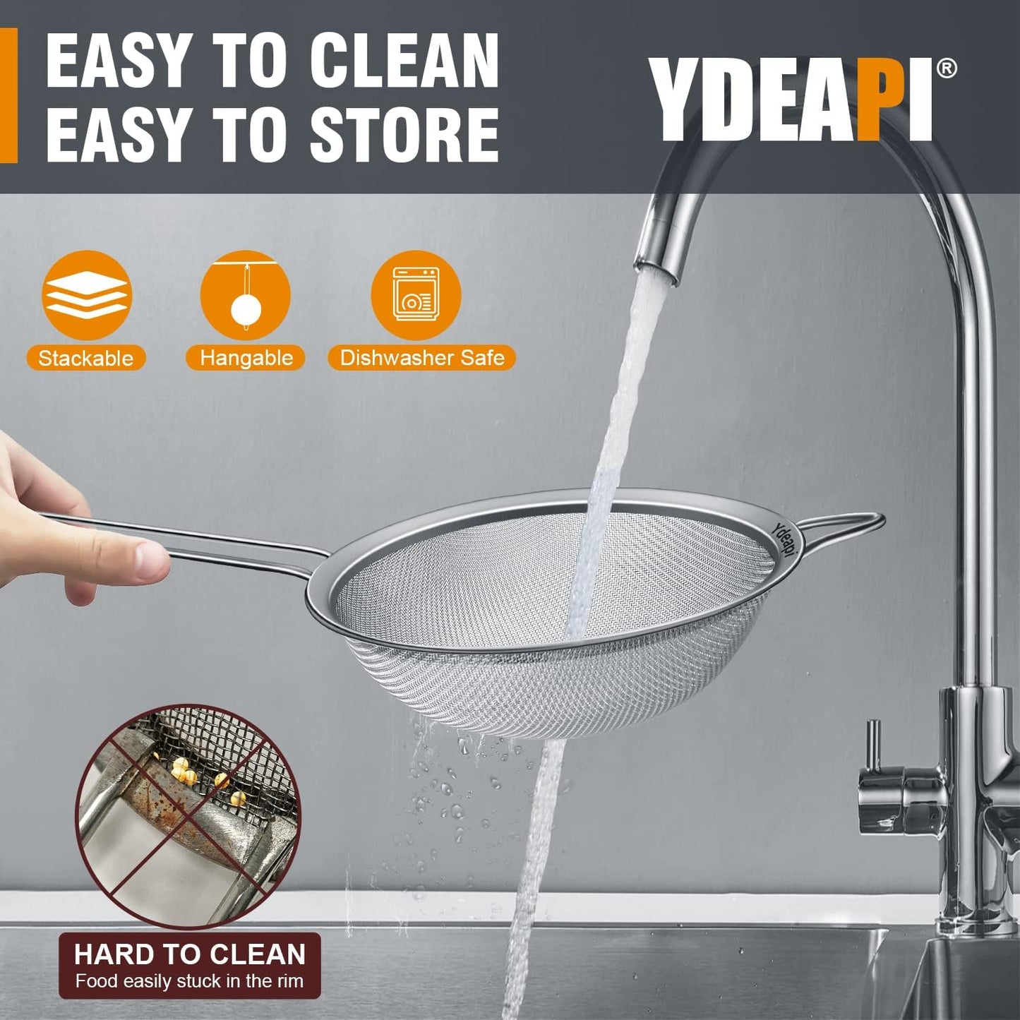 Ydeapi 8.6" Large Fine Mesh Strainer with Handle, Metal Food Strainers for Kitchen, Sieve Fine Mesh Stainless Steel for Rice, Quinoa, Pasta, Noodles