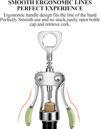 KORCCI Wine Opener, Heavy-Duty Zinc Alloy Wing Corkscrew, Premium Beer Bottle Opener, Multifunctional Wine Accessories with Ergonomic Handle and Sharp Screw, for Kitchen, Bar, Restaurant (SILVER)