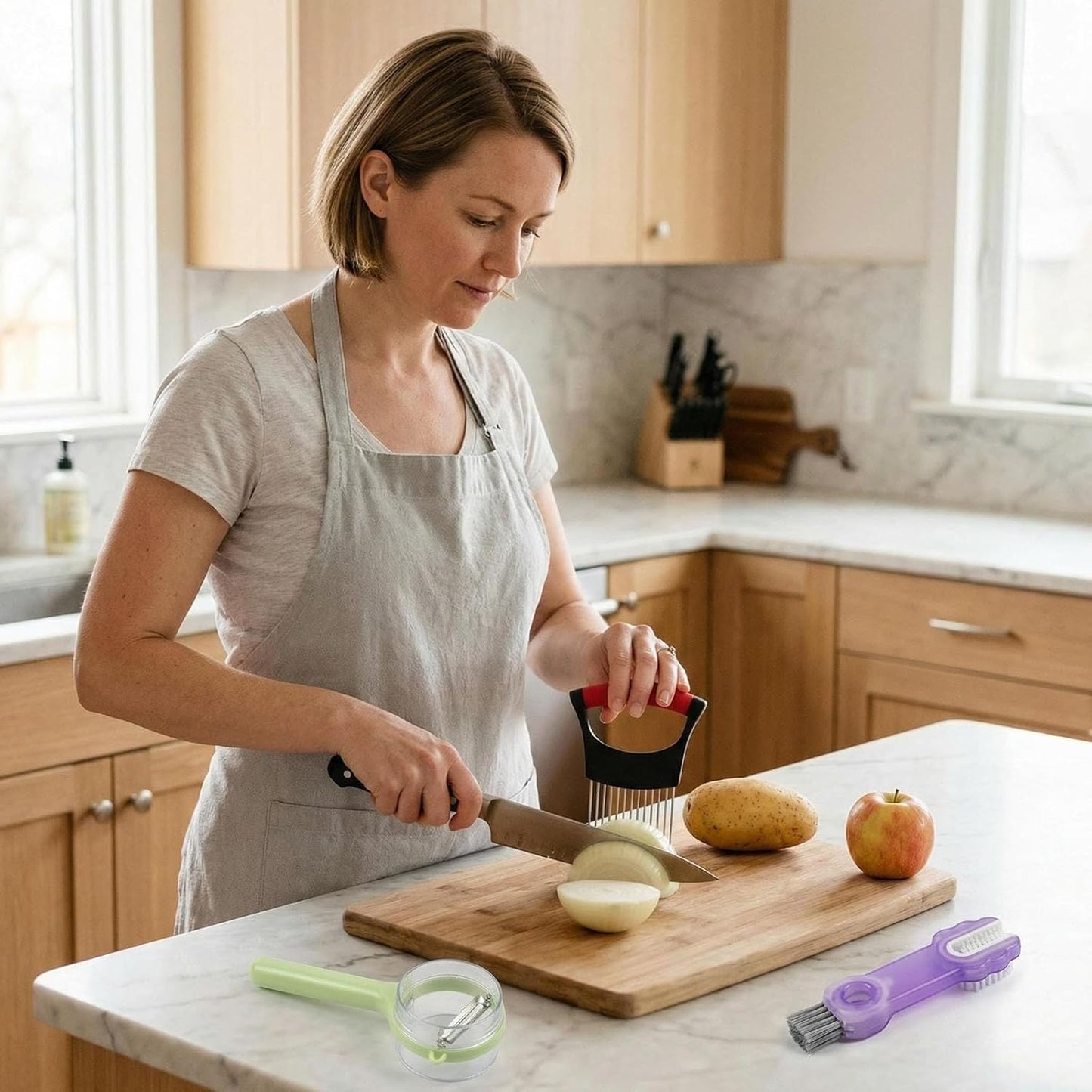 3-Piece Kitchen Set – Stainless Steel Onion Holder Slicer with 10 Forks, Peeler with Storage Box, 3-in-1 Cup Lid & Gap Brush – for Slicing Potato, Avocado, Eggs, Lemon, Meat