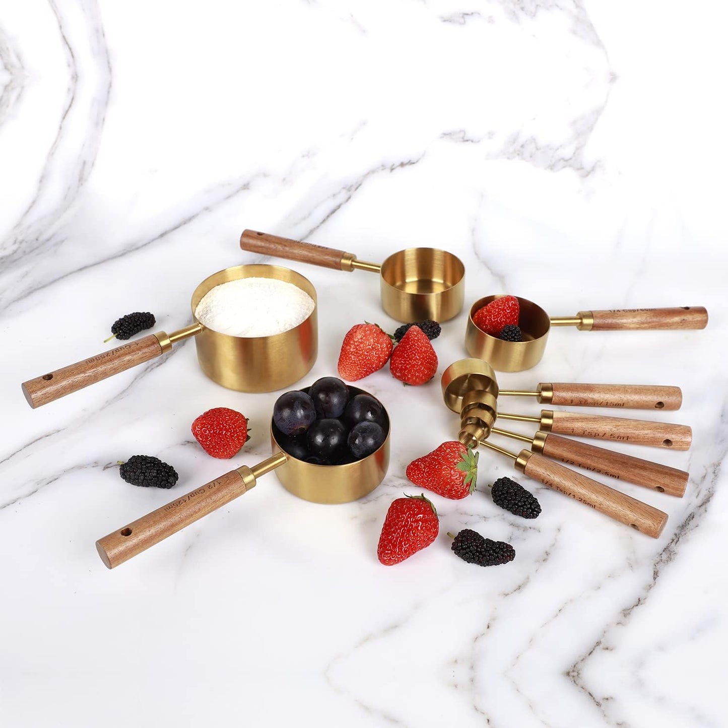 8-Piece Black Measuring Cups and Spoons Set, Stainless Steel Kitchen Measuring Set with Acacia Wood Handles for Baking and Cooking