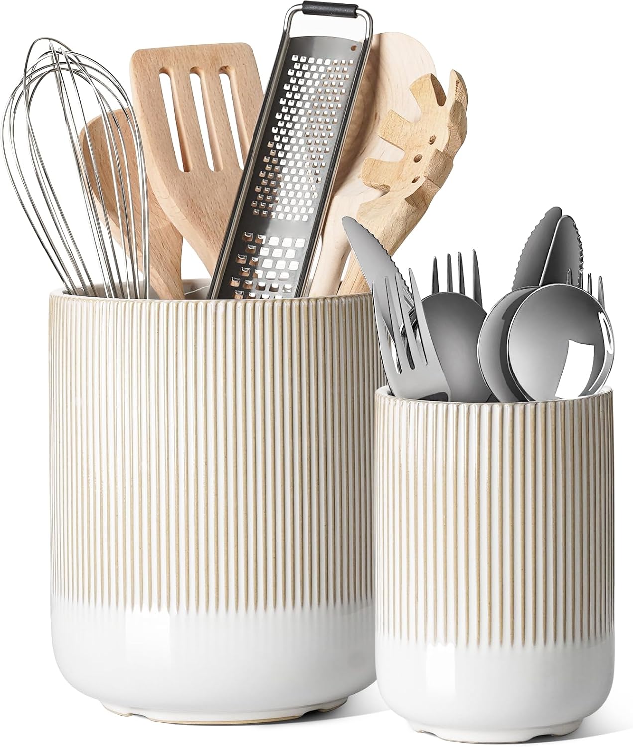 LE TAUCI Utensil Holder for Kitchen Counter, 7.3"+5.4" Fluted Ceramic Utensil Crock Organizer for Countertop, Heavy Large Holder for Spatulas, Spoons, Set of 2, White, Kitchen Counter Decor