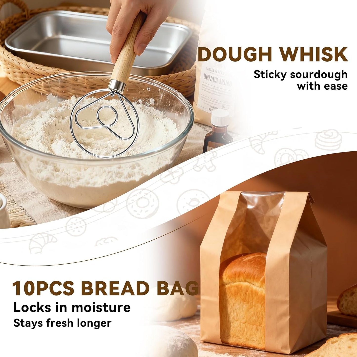 Sourdough Starter Kit - Banneton Proofing Basket 9 Inch Round & 10 Oval, Complete Sourdough Bread Baking Supplies with Starter Jar, Bread Sling, Lame, Danish Dough Whisk, Bags