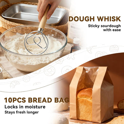 Sourdough Starter Kit - Banneton Proofing Basket 9 Inch Round & 10 Oval, Complete Sourdough Bread Baking Supplies with Starter Jar, Bread Sling, Lame, Danish Dough Whisk, Bags
