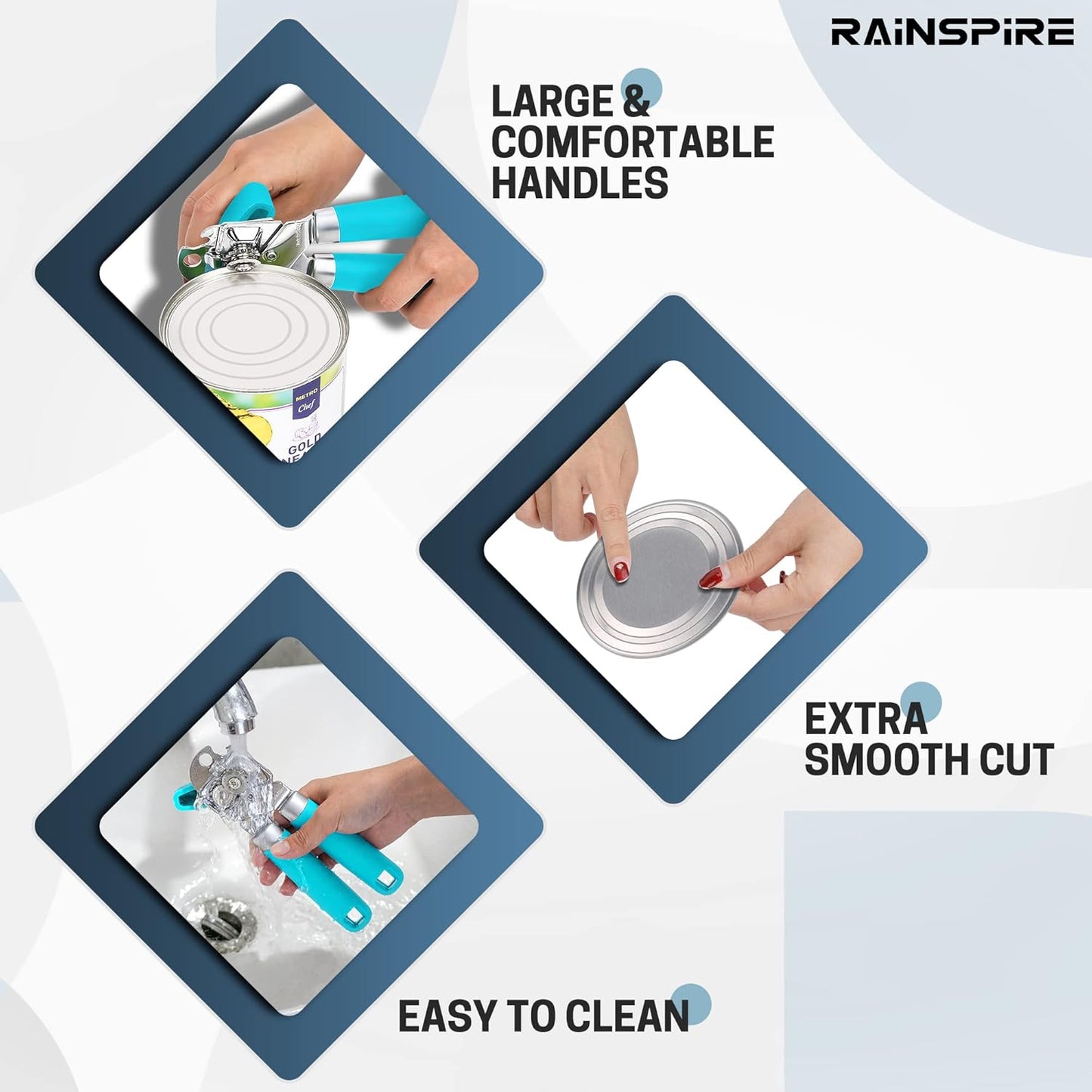 Rainspire Can Opener Manual Handheld Strong Manual Can Opener Smooth Edge Cut, Can Opener Heavy Duty, Comfortable Soft Handle, Built-in Bottle Opener, Blue