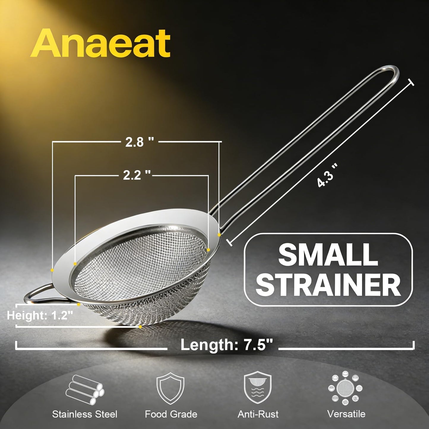 Anaeat Fine Mesh Strainers - Premium Stainless Steel Colander Sieve Sifters, with Durable Mesh and Sturdy Handle, Excellent for Sifting Dry ingredients, Flour, Pastas, Rice, Tea (5.5")