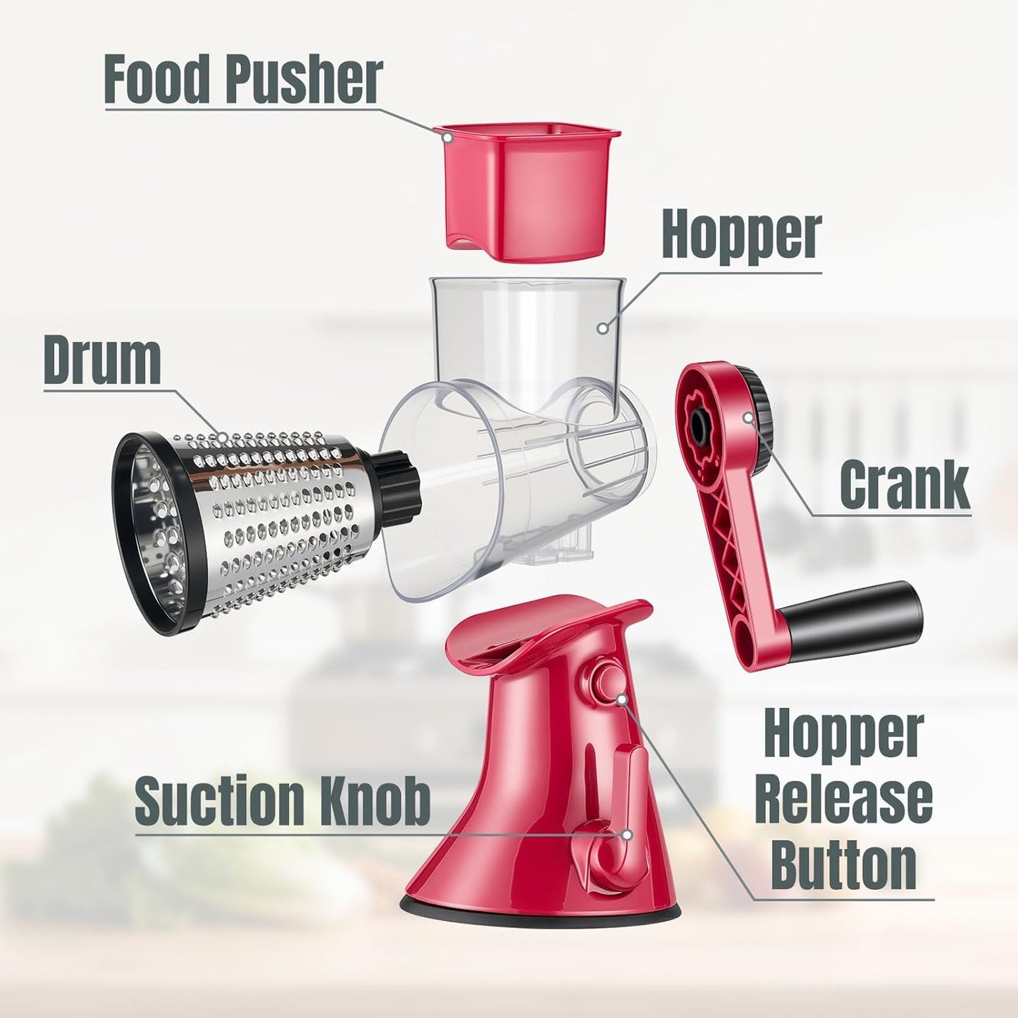 KYZ Rotary Cheese Grater - 12X Faster Hand Crank Vegetable Slicer with 3 Premium Stainless Steel Blades, Strong Suction Base, Dishwasher Safe Food Shredder for Cheese, Vegetables, Nuts, Chocolate