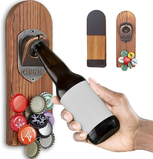 Beer Bottle Opener Wall Mounted with Magnetic Cap Catcher,Wooden Magnetic Bottle Opener for Fridge,Vintage Beer Gifts for Men, Man Cave Decor,Gifts for Men and Beer Lovers(Style 3)