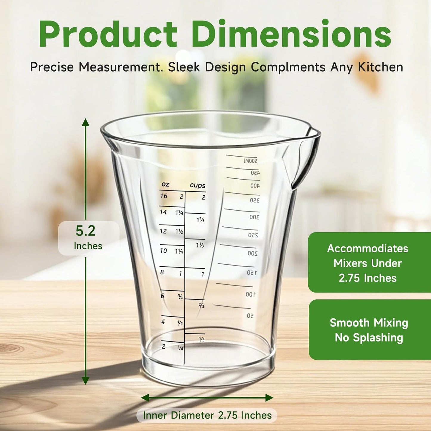 Blender Measuring Cup, 16 oz, Immersion Blender Cup, Compatible with Cuisinart Hand Blender, for Sauce Smoothies Egg Mixture Etc, (Plastic material, height 5.2in, capacity 16 oz,500ml).