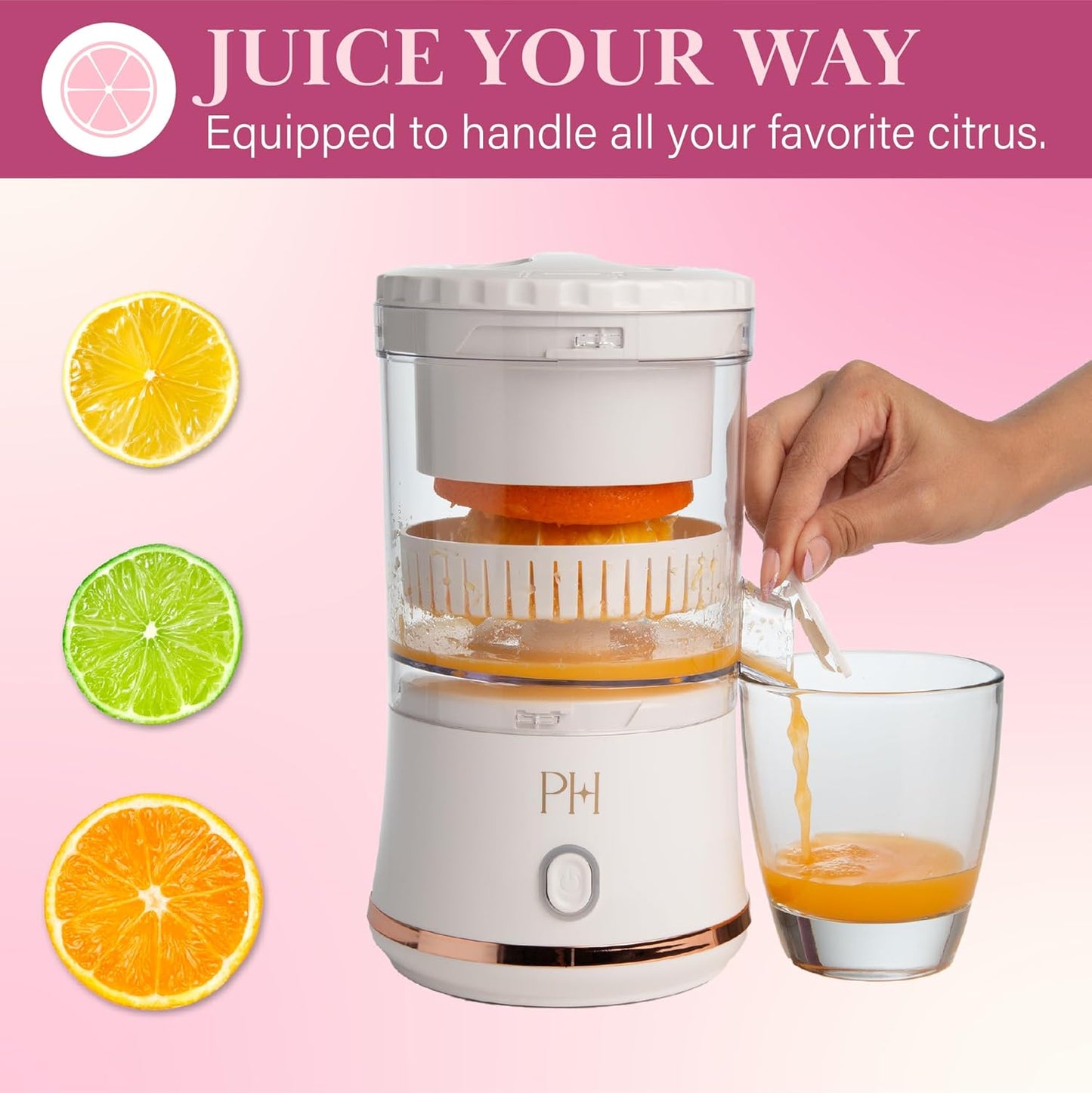 Paris Hilton Electric Citrus Juicer, Mini Portable Cordless Juicer with USB Rechargeable Base, One-Touch Button, Compact Lemon, Lime and Orange Juicer, Pink