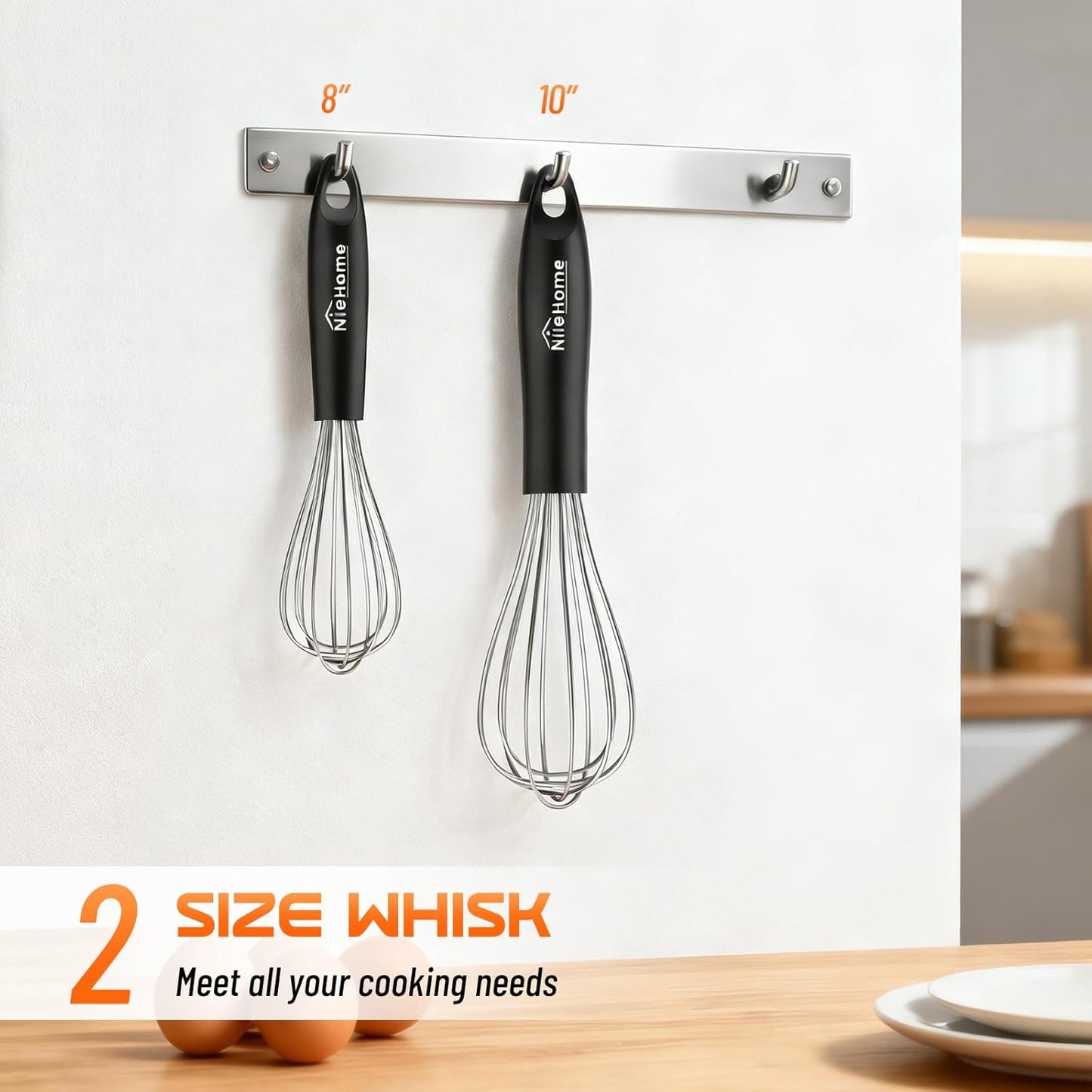 NileHome Silicone Whisk Set 8" 10" 12" Kitchen Whisk Kitchen Wisk Wire Whisks for Cooking, Whisking, Blending, Beating, Stirring-Black 3 Pack