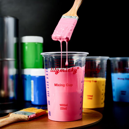 25 PACK Plastic Measuring Cups, 32 oz (1000ml) Disposable Mixing Cups, Measurement ratios: 2:1, 3:1, 4:1, Perfect for Epoxy Resin, Paint Mixing, Art DIY