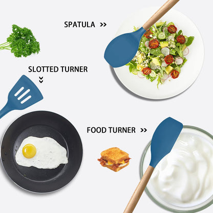MIBOTE Silicone Cooking Kitchen Utensils Set with Holder, Wooden Handles BPA Free Non Toxic Silicone Turner Tongs Spatula Spoon Kitchen Gadgets Utensil Set for Nonstick Cookware (Coffee)
