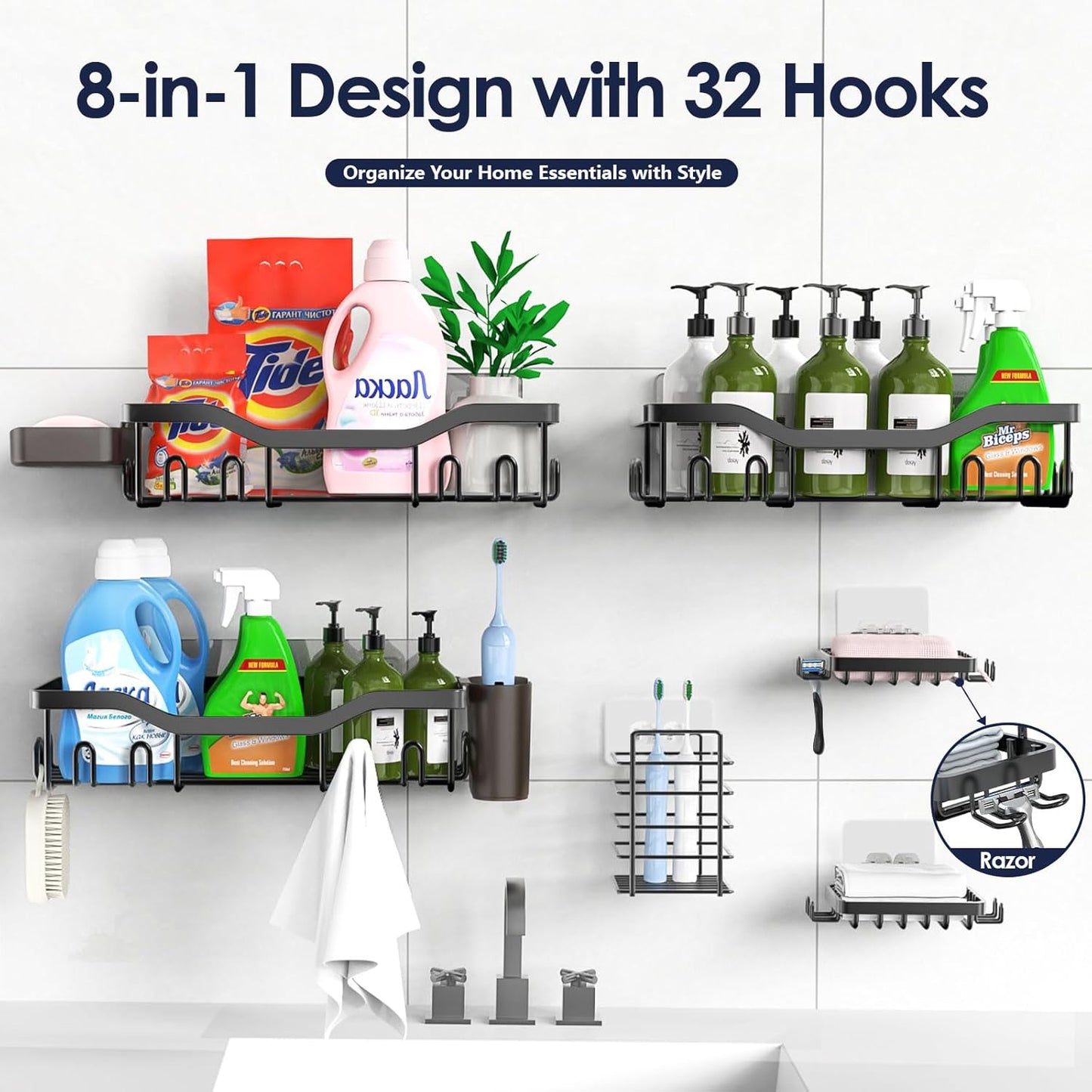 NESOMI Shower Caddy Adhesive Shower Organizer 7-Pack, Rustproof Stainless Steel Bathroom Shelves, Large Capacity No-Drill Rack Storage Accessories with Soap Dish Toothbrush Holder &24 Hooks Home Decor