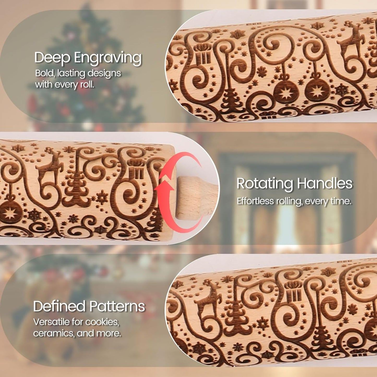 Floral Vine Embossed Rolling Pins for Cookies, Wooden Engraved Rolling Pins for Baking, Embossing Rolling Pins with Designs, Patterned Rolling Pin Decorative Springerle Mold Stamp Clay Pattern Roller