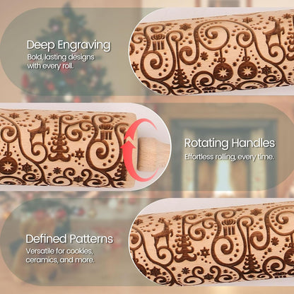 Floral Vine Embossed Rolling Pins for Cookies, Wooden Engraved Rolling Pins for Baking, Embossing Rolling Pins with Designs, Patterned Rolling Pin Decorative Springerle Mold Stamp Clay Pattern Roller